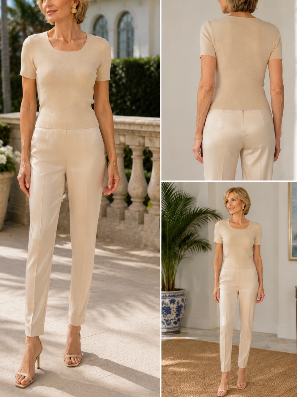 Dana Buchman 100% Silk 2 Piece Set Tapered Pants Knit Top Excellent  4 Petite